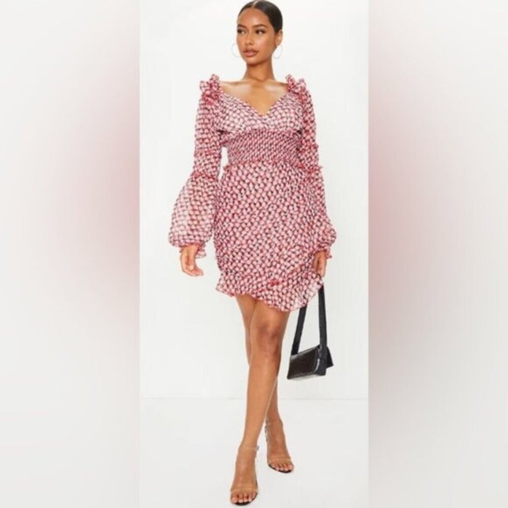 PrettyLittleThing Women's Red Floral Print Frill Detail Tea Dress, Size 10